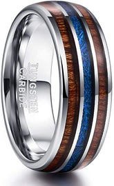 ASILLIA 8mm Domed Hawaiian Koa Wood and Blue Imitated Meteorite Inlay Tungsten Carbide Wedding Band Comfort Fit