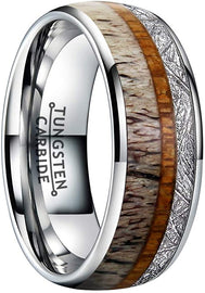 CAVANI 8mm Silver Rose Gold Tungsten Rings for Men Women Wedding Bands Koa Wood Arrow Deer Antler Meteorite Inlay Domed Polished Shiny Comfort Fit