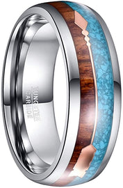 CAVANI 8mm Hawaiian Koa Wood and Turquoise Inlay Tungsten Wedding Rings with Rose Gold Arrow Comfort Fit