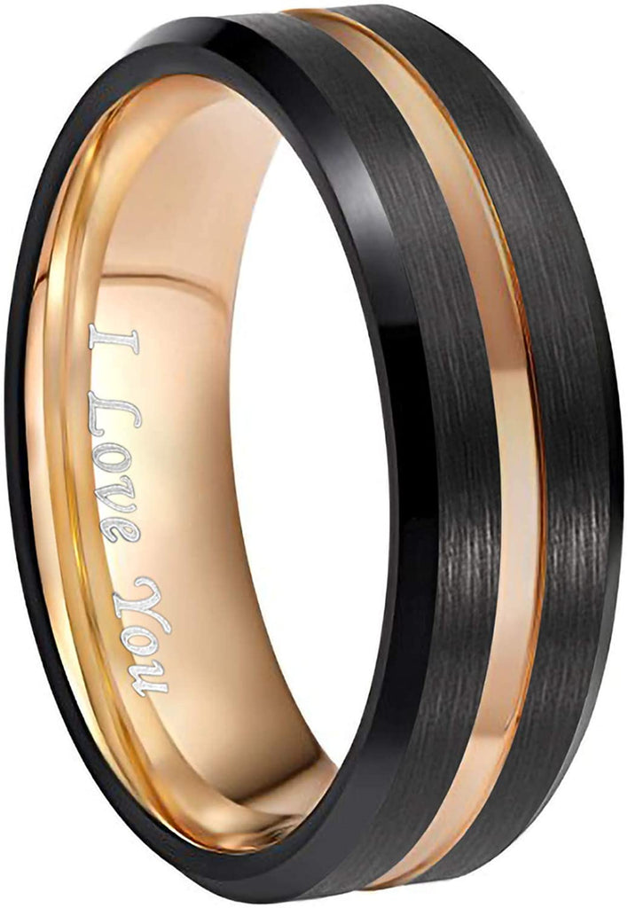 HATISHIA 8mm Mens Tungsten Ring Wedding Band  Engraved I Love You Thin Blue/Rose Gold/Black Center Groove Comfort Fit