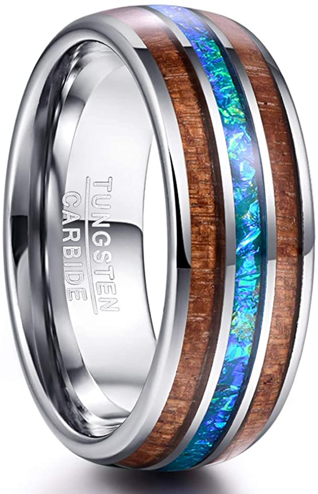 CAVANI 8mm Hawaiian Koa Wood and Abalone Shell/Imitated Opal Inlay Tungsten Carbide Rings Wedding Bands for Men Comfort Fit