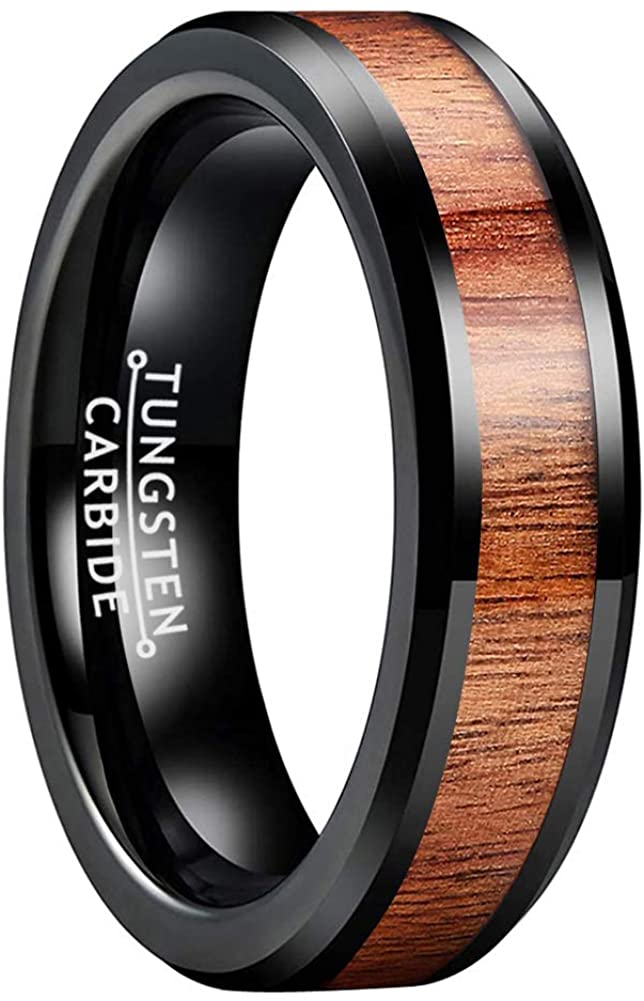 AMANOILE 6mm 8mm Silver/Black/Rose Gold Tungsten Carbide Rings for Men Women Wedding Bands Koa Wood Inlay Beveled Edges Polished Shiny Comfort Fit