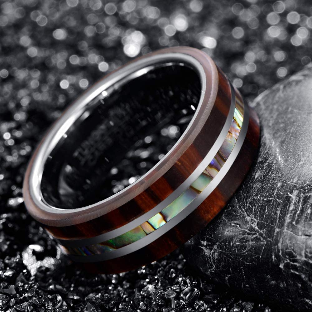 HATISHIA 8mm Wood and Abalone Shell Inlay Tungsten Carbide Rings Wedding Band for Men Comfort Fit Size 7-13