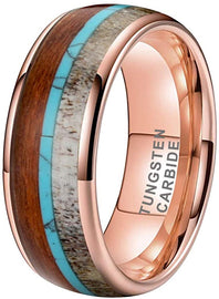 CAVANI 8mm Silver/Black/Rose Gold Tungsten Rings for Men Women Wedding Bands Deer Antler Koa Wood Turquoise Meteorite Inlay Domed Polished Shiny Comfort Fit