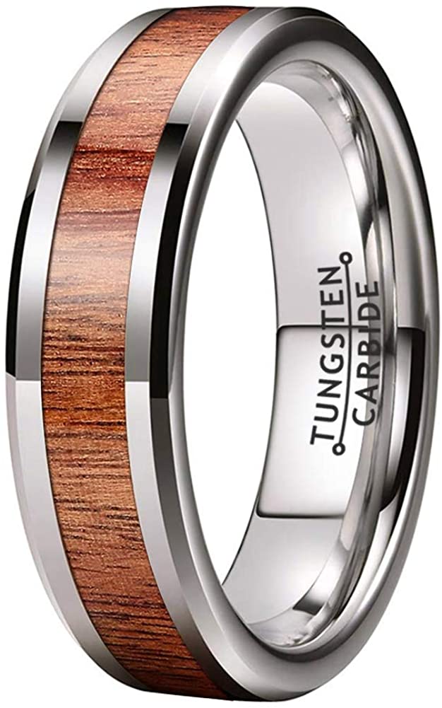 AMANOILE 6mm 8mm Silver/Black/Rose Gold Tungsten Carbide Rings for Men Women Wedding Bands Koa Wood Inlay Beveled Edges Polished Shiny Comfort Fit