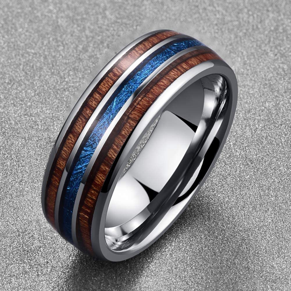 ASILLIA 8mm Domed Hawaiian Koa Wood and Blue Imitated Meteorite Inlay Tungsten Carbide Wedding Band Comfort Fit