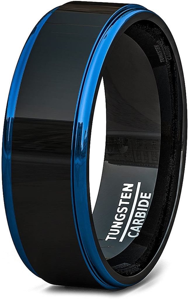 AMONOILE 8mm Tungsten Black Rings for Men Durable Tungsten Mens Wedding Bands or Engagement Ring Two Tone Rose Gold/Blue/Silver Step Edge Polished Finish Comfort Fit
