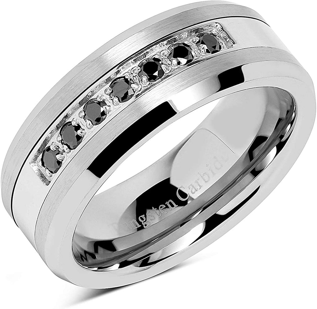 CAVANI 8mm Tungsten Ring For Men Black Cz Inlay Wedding Band Titanium Color Size