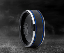 Load image into Gallery viewer, ASILLIA Men&#39;s Tungsten Carbide Black and Blue Textured Wedding Band Ring Comfort Fit 8mm