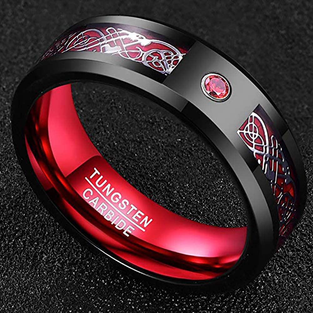 AMANOILE Men's 8mm Tungsten Carbide Ring Celtic Dragon Red Carbon Fiber and Cubic Zirconia Inlay
