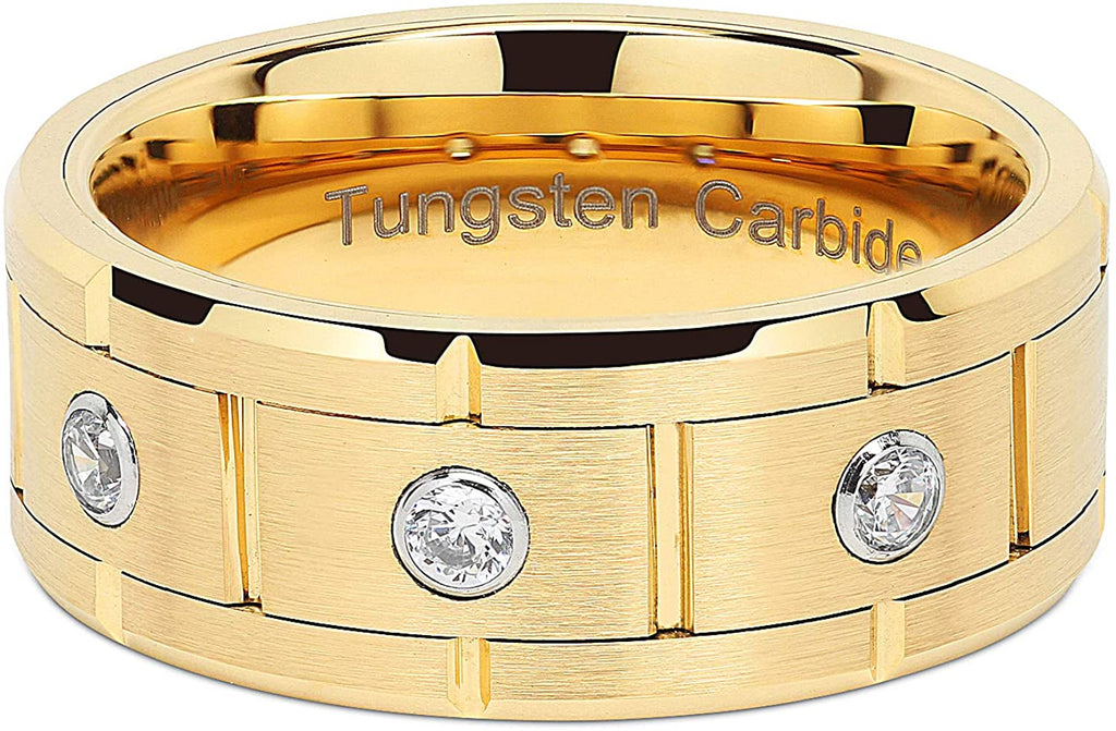 VERRA Tungsten Rings for Mens Gold Wedding Bands 3 CZ Inlaid, High quality, Super Sleek