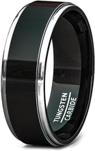 Load image into Gallery viewer, AMONOILE 8mm Tungsten Black Rings for Men Durable Tungsten Mens Wedding Bands or Engagement Ring Two Tone Rose Gold/Blue/Silver Step Edge Polished Finish Comfort Fit