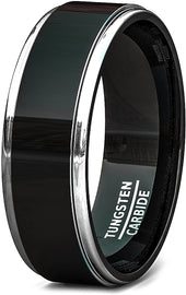 AMONOILE 8mm Tungsten Black Rings for Men Durable Tungsten Mens Wedding Bands or Engagement Ring Two Tone Rose Gold/Blue/Silver Step Edge Polished Finish Comfort Fit