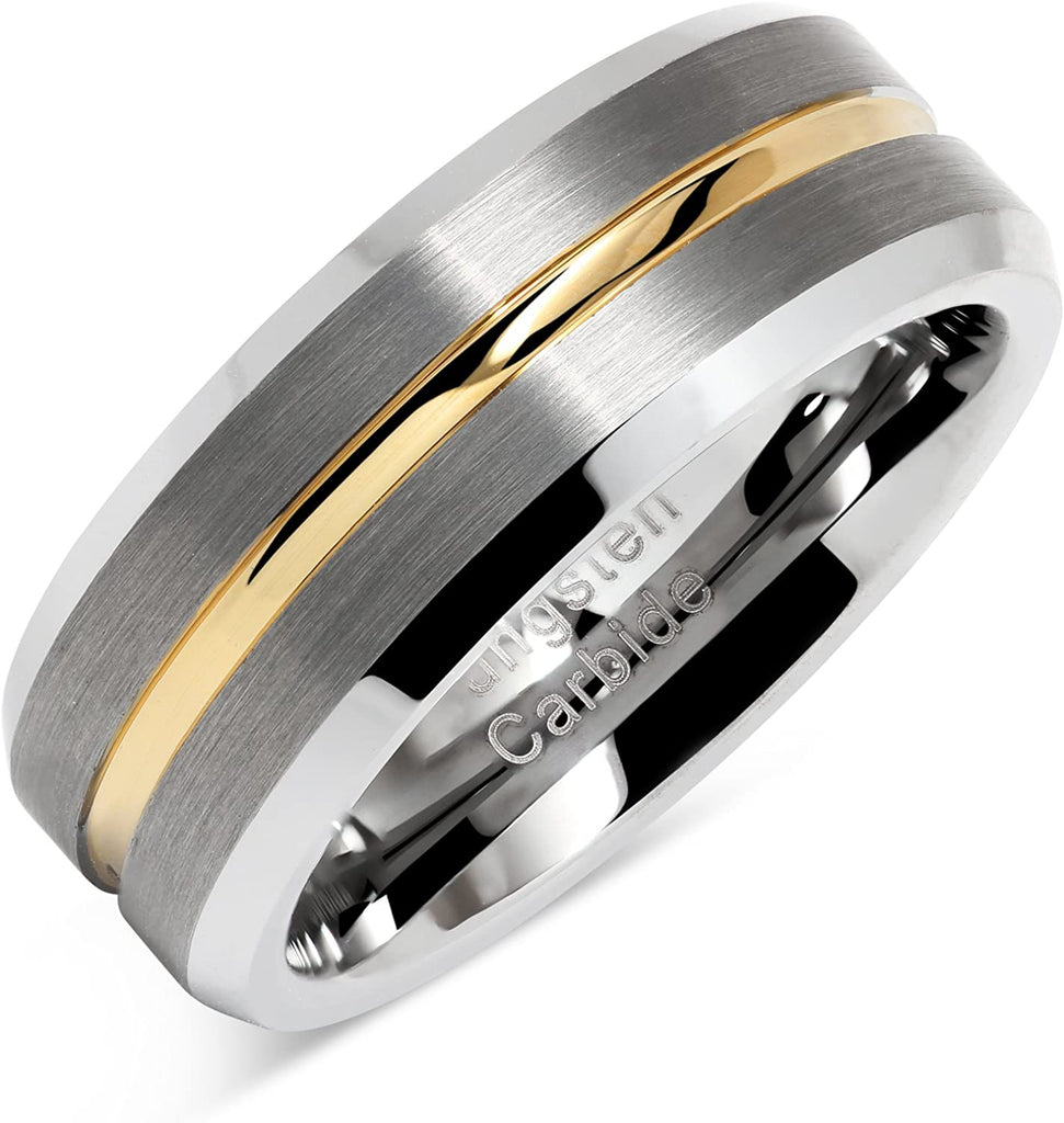 CAVANI Tungsten Rings for Men Two Tone Silver Wedding Bands Gold Grooved Matte Finish Size 6-16