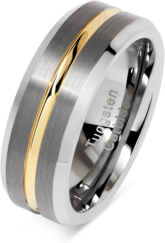 CAVANI Tungsten Rings for Men Two Tone Silver Wedding Bands Gold Grooved Matte Finish