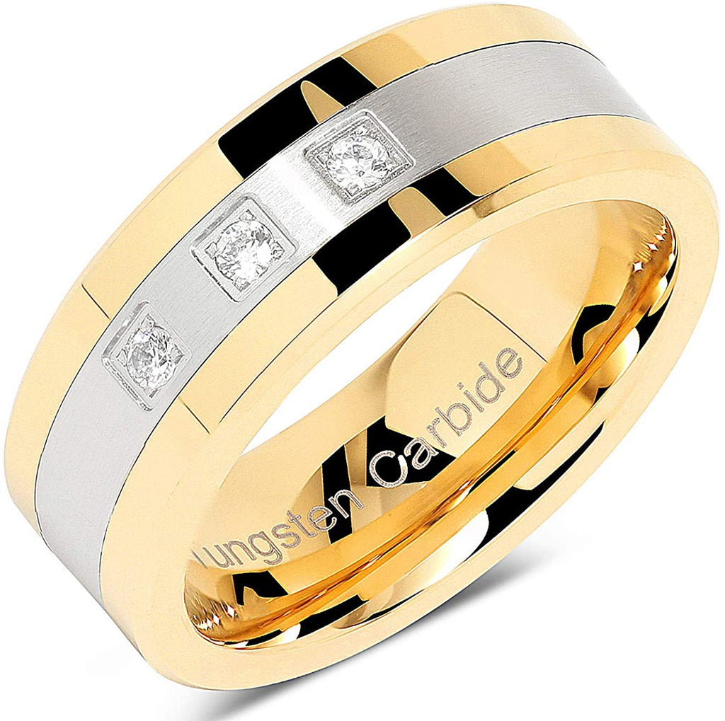 ASILLIA 8mm Tungsten Rings for Men Gold Silver Crystal Wedding Bands Two Tone 3 CZ Stone Promise Marriage