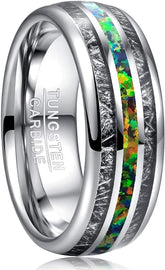 AMANOILE 8mm Men's Tungsten Carbide Wedding Ring Inlaid with Opal and Imitated Meteorite Dome Style High Polished Comfort Fit