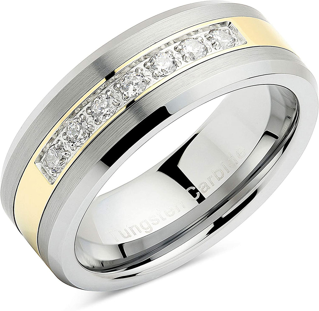 HATISHIA 8mm Tungsten Rings for Men Women Wedding Band Two Tone Gold Silver Cz Inlay