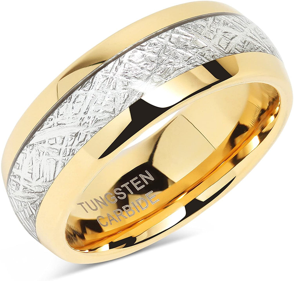 KAELLI 8mm Mens Wedding Bands Tungsten Gold Rings Comfort Fit Imitated Meteorite Inlaid