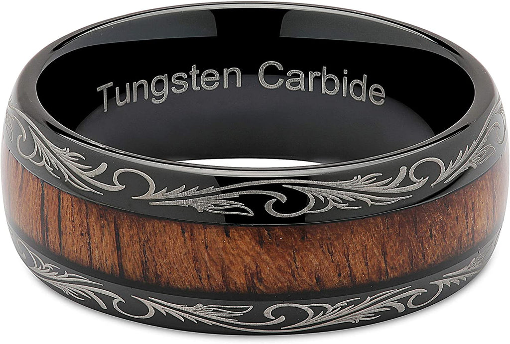 HATISHIA Tungsten Rings for Men Wedding Band Koa Wood Inlaid Dome Edge Comfort Fit
