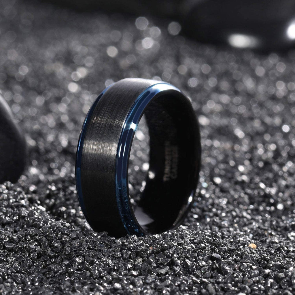 ASILLIA 8mm Mens Tungsten Ring Black Blue Two Tone Brushed Finish Stepped Edge Comfort Fit Size 6-13