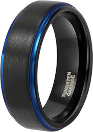 ASILLIA 8mm Mens Tungsten Ring Black Blue Two Tone Brushed Finish Stepped Edge Comfort Fit Size 6-13