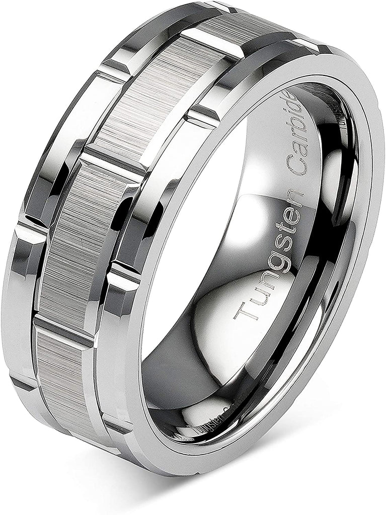 VERRA Tungsten Rings for Men Wedding Band Silver Brick Pattern Brushed Engagement Promise tungsten